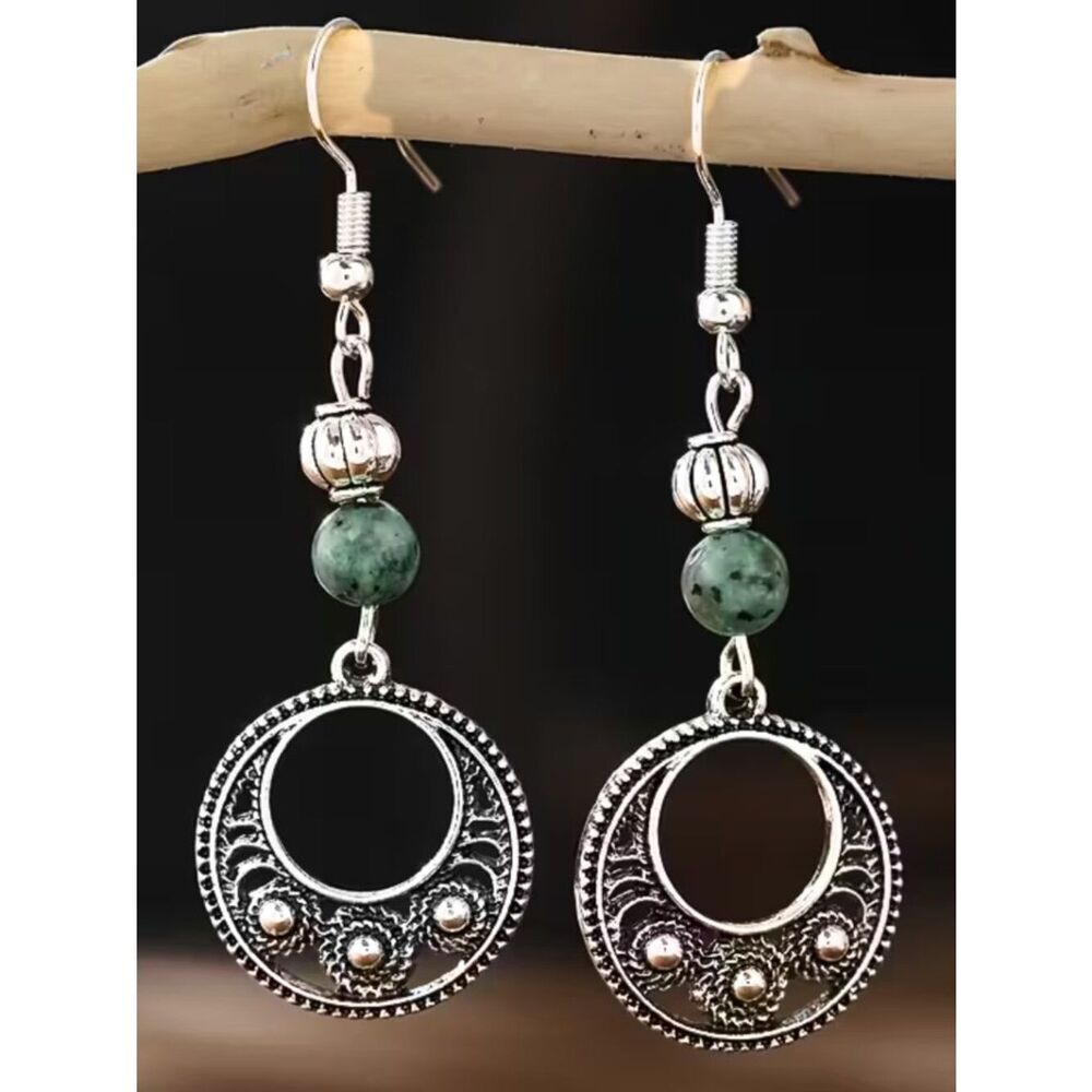 Bohemian Dangle Earrings Silver-Toned Filigree Circular Pendants Green Howlite